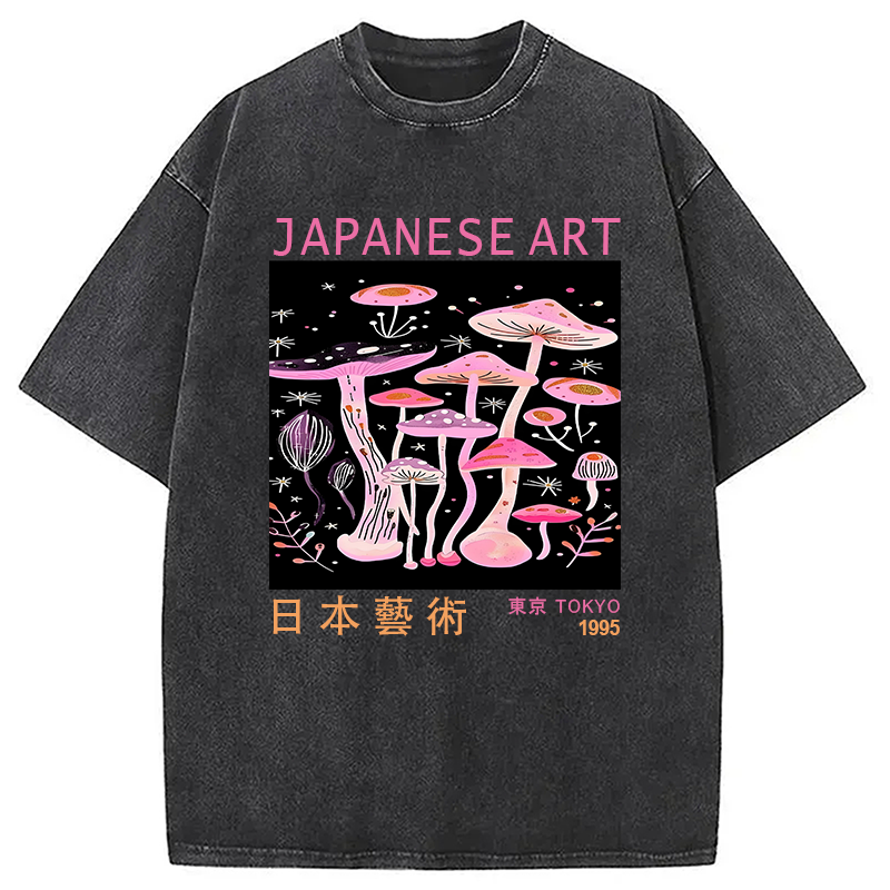 Modecanvas Japanese Art Pink Hallucinogenic Mushrooms Washed T-Shirt