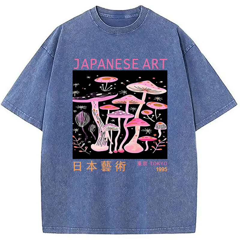 Modecanvas Japanese Art Pink Hallucinogenic Mushrooms Washed T-Shirt
