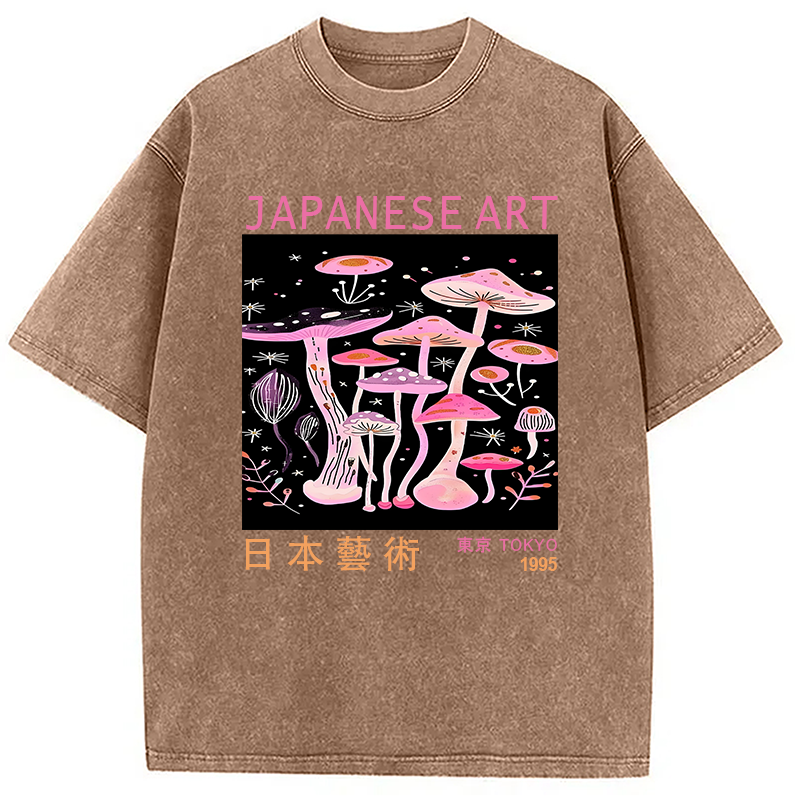 Modecanvas Japanese Art Pink Hallucinogenic Mushrooms Washed T-Shirt