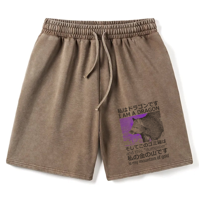 Modecanvas I Am A Dragon and this "Dumpster" is My Mountain of Gold Washed Shorts For Sale