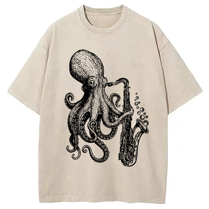 Modecanvas Octopus Playing Saxophone Washed T-Shirt