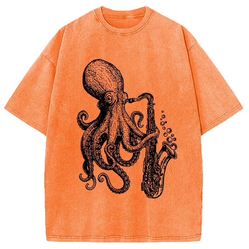 Modecanvas Octopus Playing Saxophone Washed T-Shirt