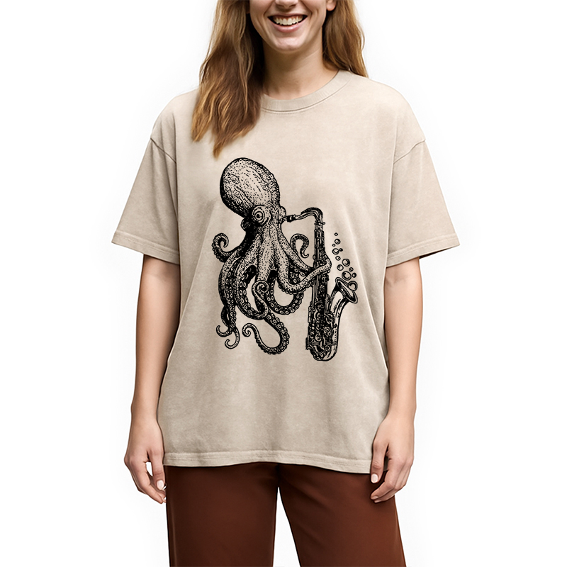 Modecanvas Octopus Playing Saxophone Washed T-Shirt