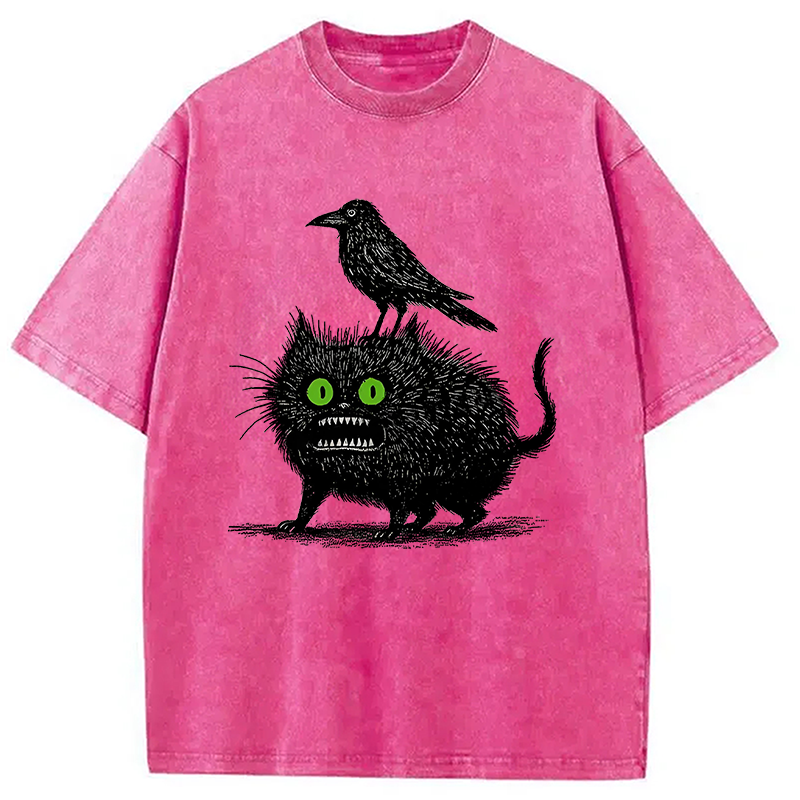 Modecanvas Crow And Black Cat Washed T-Shirt