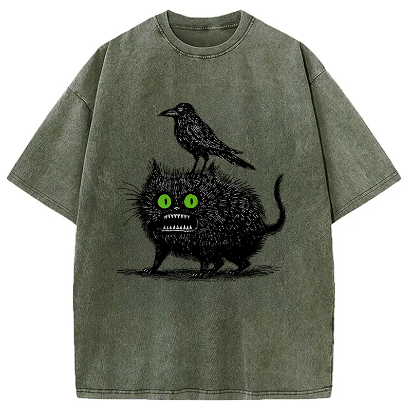 Modecanvas Crow And Black Cat Washed T-Shirt