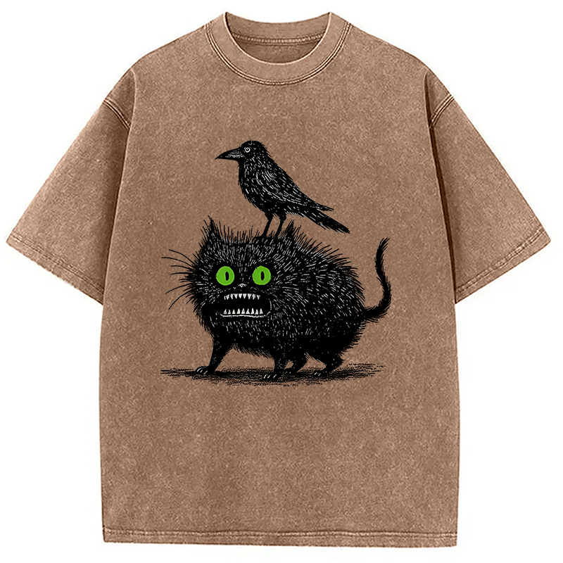 Modecanvas Crow And Black Cat Washed T-Shirt