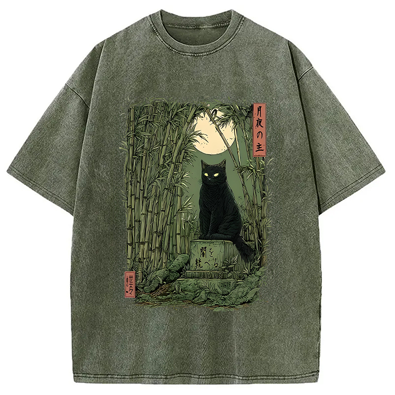 Modecanvas Black Cat In The Bamboo Forest Washed T-Shirt-modecanvas