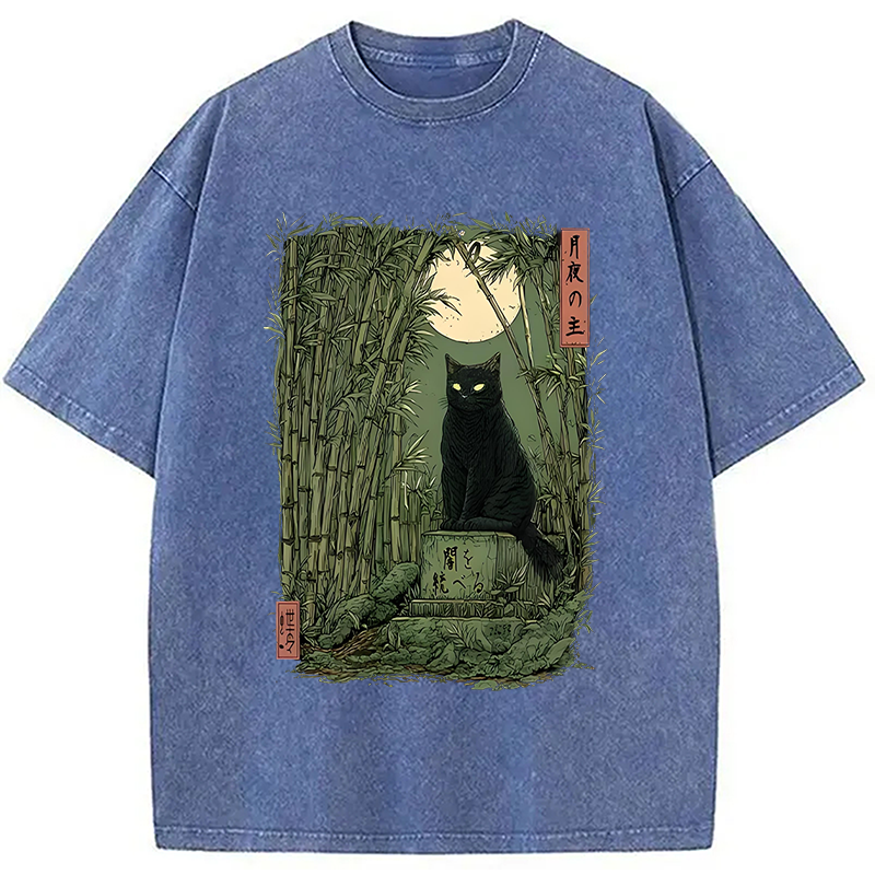 Modecanvas Black Cat In The Bamboo Forest Washed T-Shirt-modecanvas