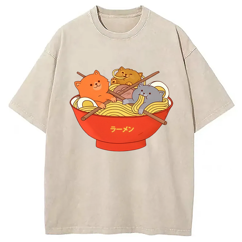 Modecanvas Cute Cat Ramen Washed T-Shirt