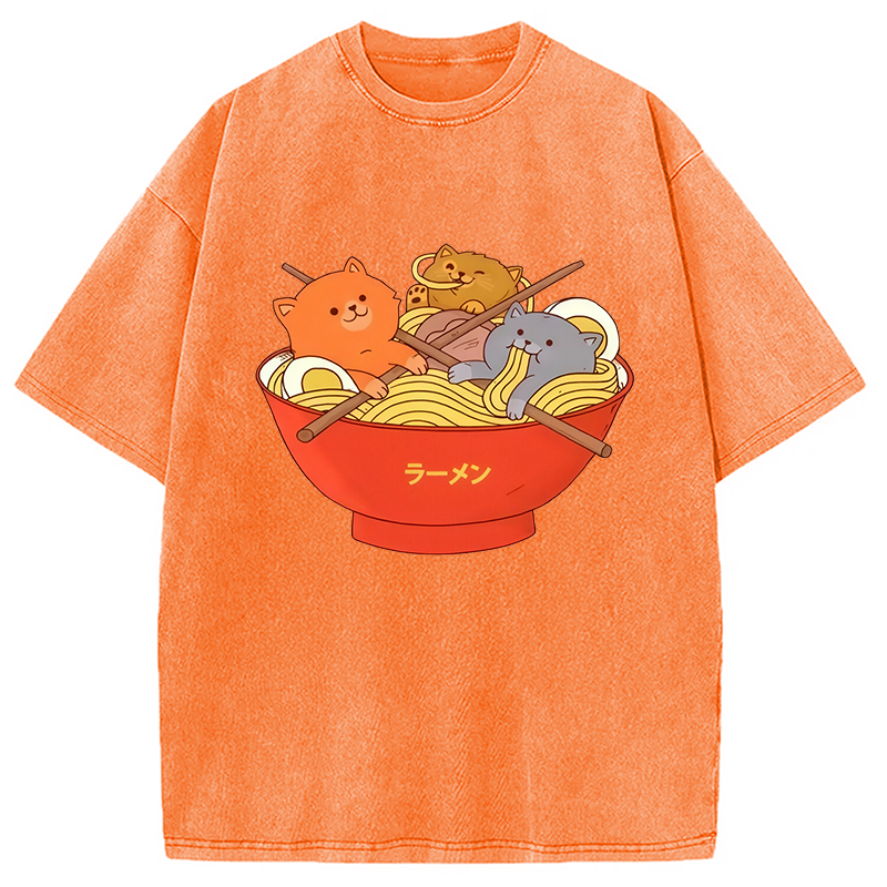 Modecanvas Cute Cat Ramen Washed T-Shirt