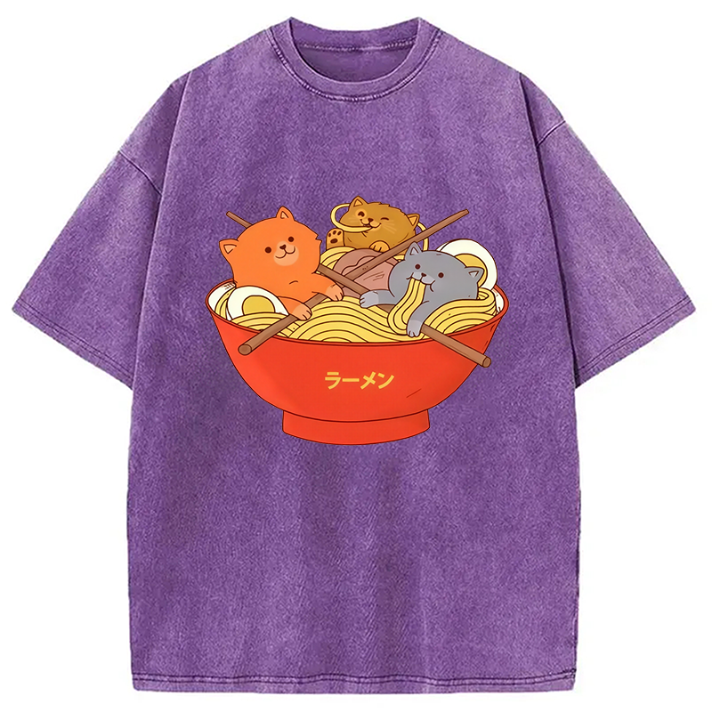 Modecanvas Cute Cat Ramen Washed T-Shirt