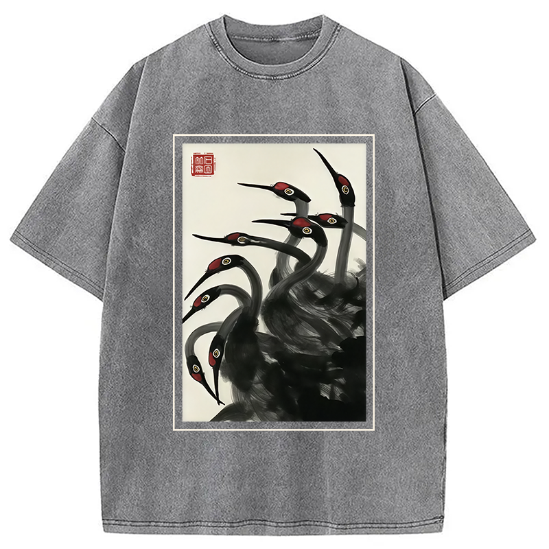 Modecanvas Retro Red Crowned Crane Washed T-Shirt