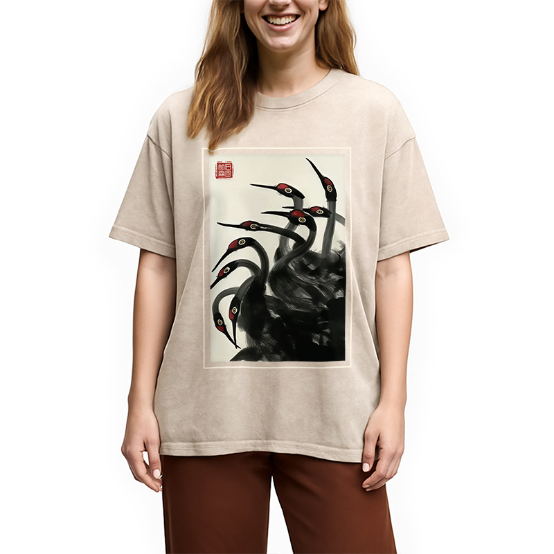 Modecanvas Retro Red Crowned Crane Washed T-Shirt