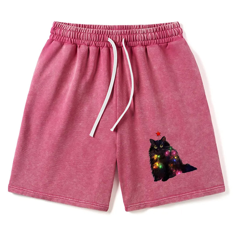Modecanvas Christmas Lights Cat Washed Shorts