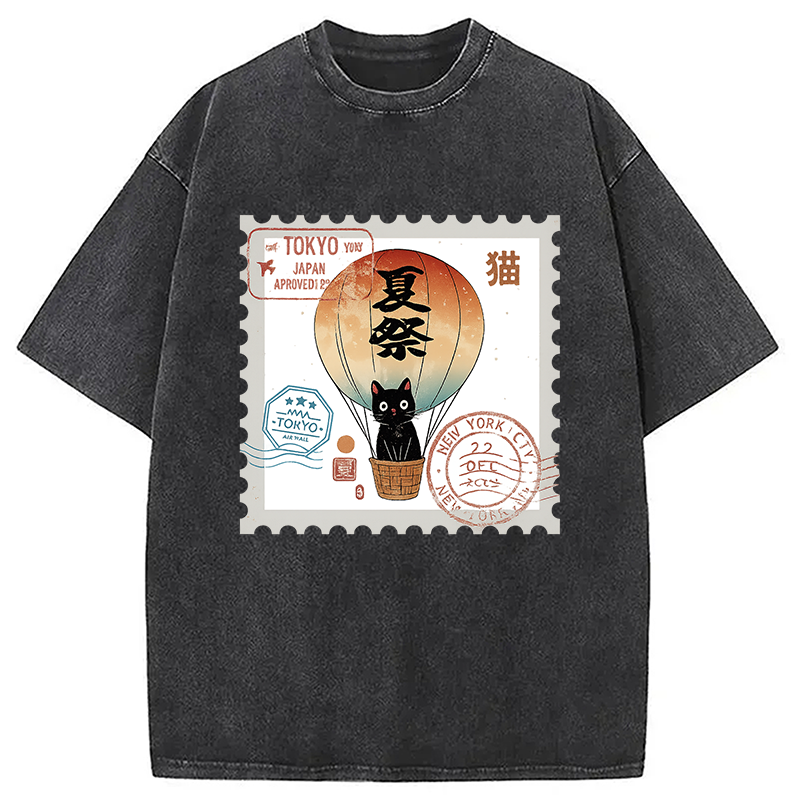 Modecanvas Japanese Cat Stamp Washed T-Shirt