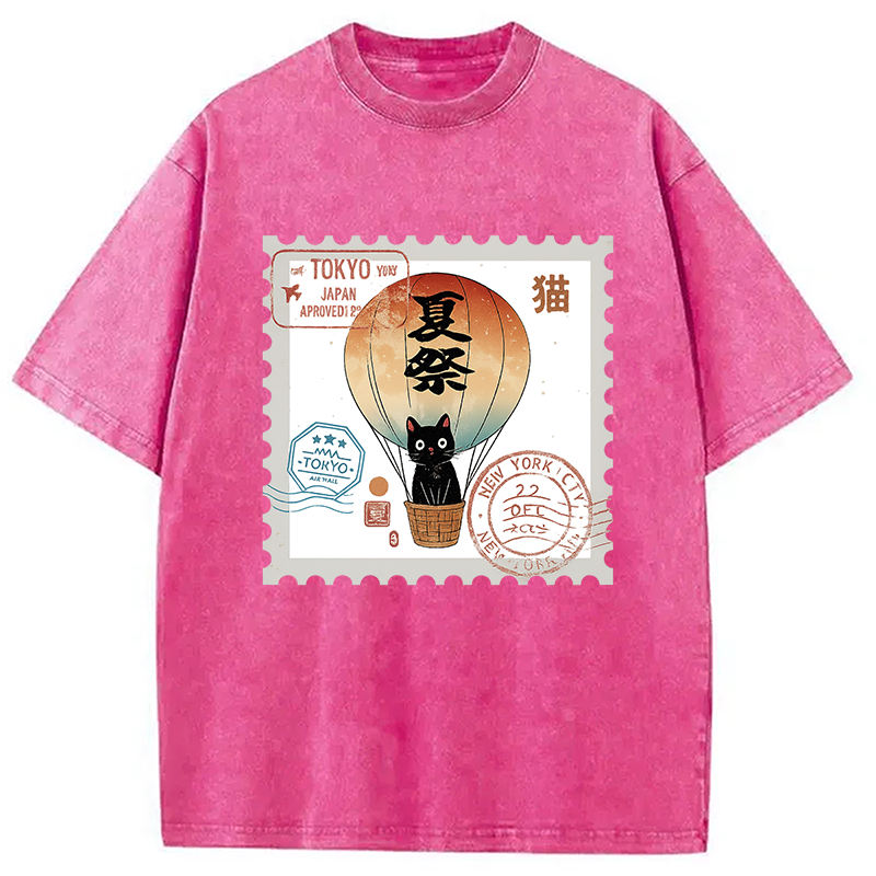 Modecanvas Japanese Cat Stamp Washed T-Shirt