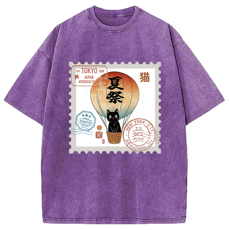 Modecanvas Japanese Cat Stamp Washed T-Shirt