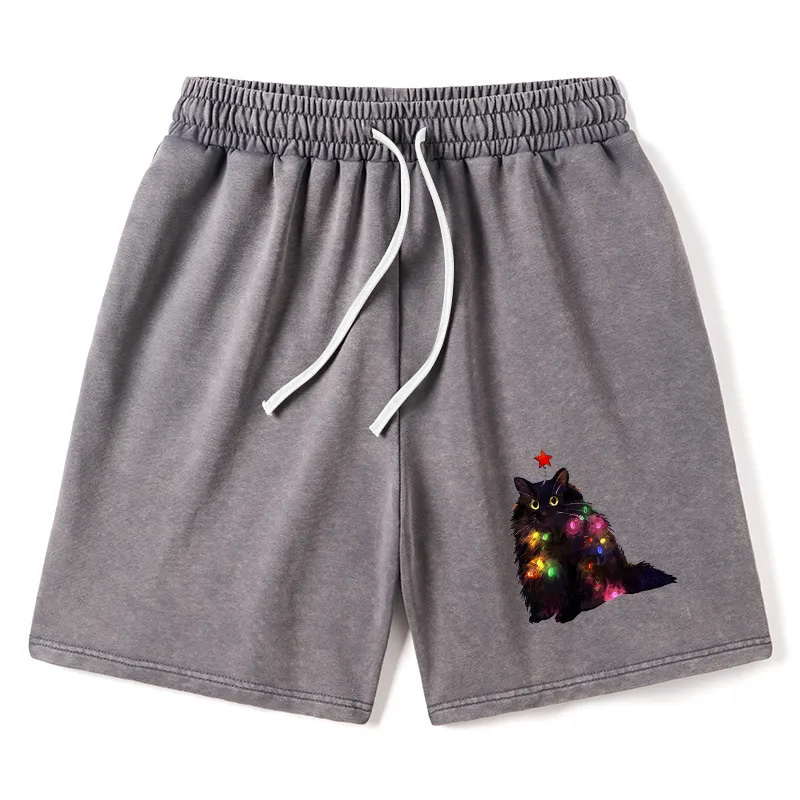 Modecanvas Christmas Lights Cat Washed Shorts
