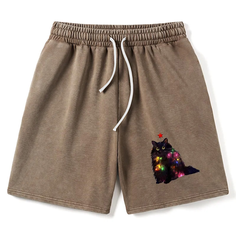 Modecanvas Christmas Lights Cat Washed Shorts