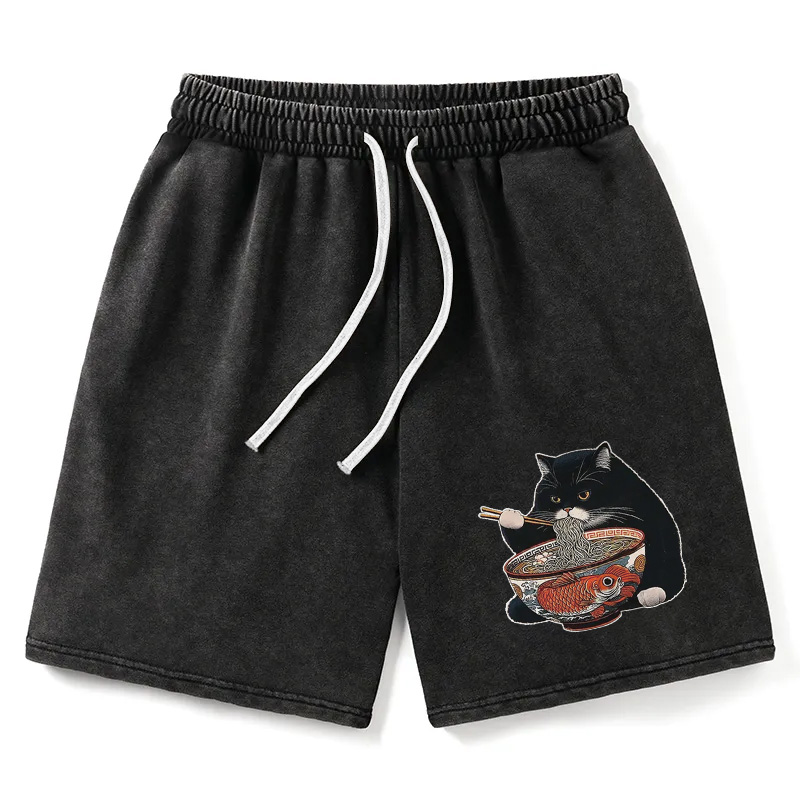 Modecanvas Fat Cat Eating Ramen Washed Short