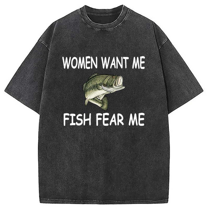 Modecanvas Fishing Women Want Me Fish Fear Me Washed T-Shirt