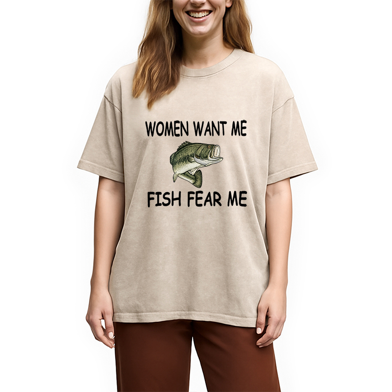 Modecanvas Fishing Women Want Me Fish Fear Me Washed T-Shirt