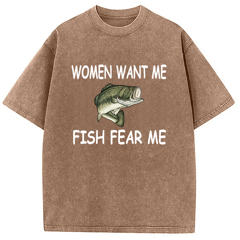 Modecanvas Fishing Women Want Me Fish Fear Me Washed T-Shirt