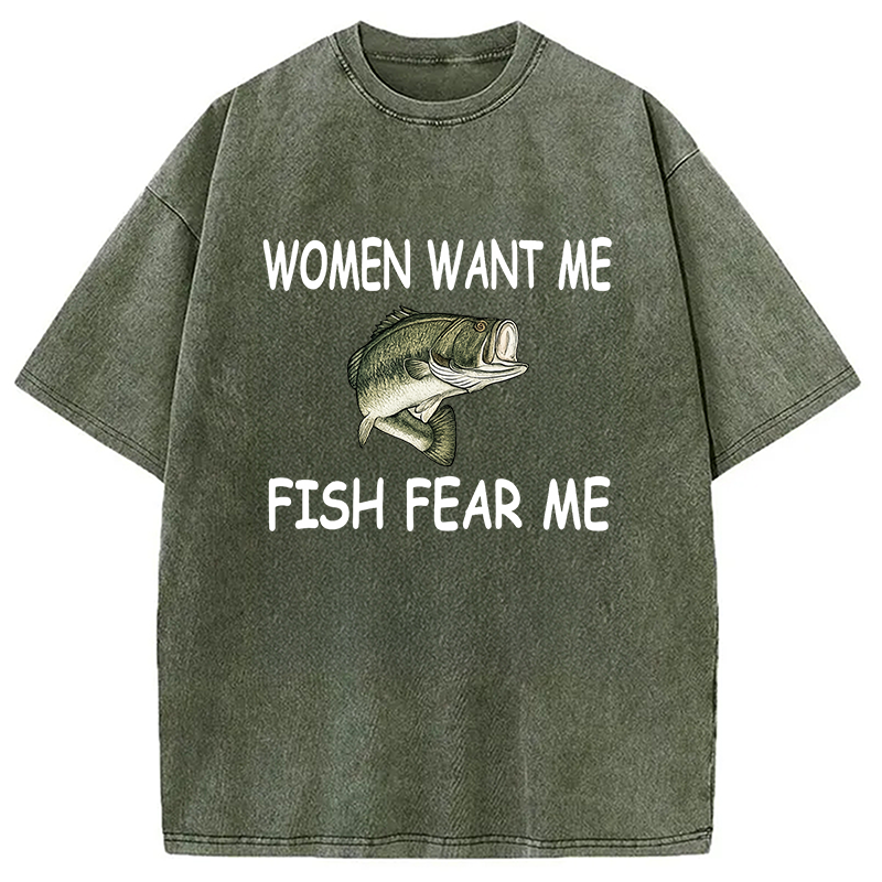 Modecanvas Fishing Women Want Me Fish Fear Me Washed T-Shirt