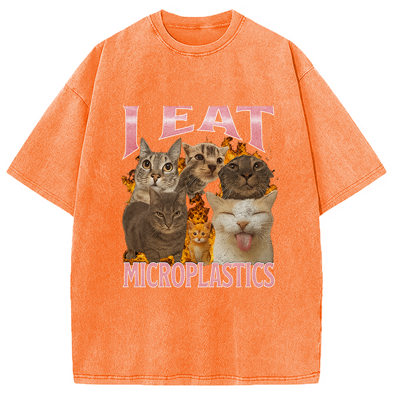 Modecanvas I Eat Microplastics Funny Cat Meme Washed T-Shirt-modecanvas