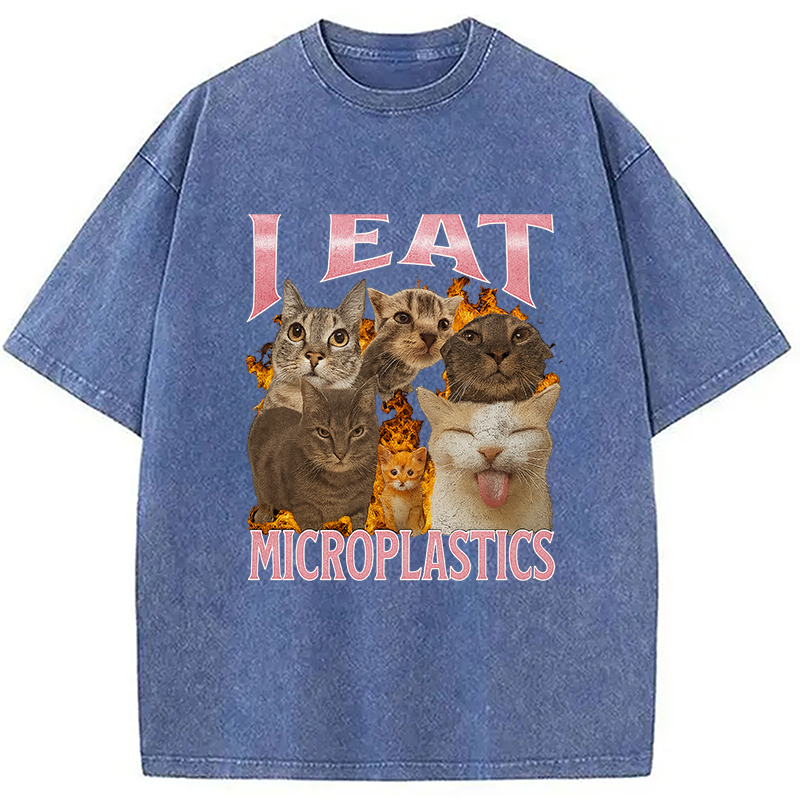 Modecanvas I Eat Microplastics Funny Cat Meme Washed T-Shirt-modecanvas