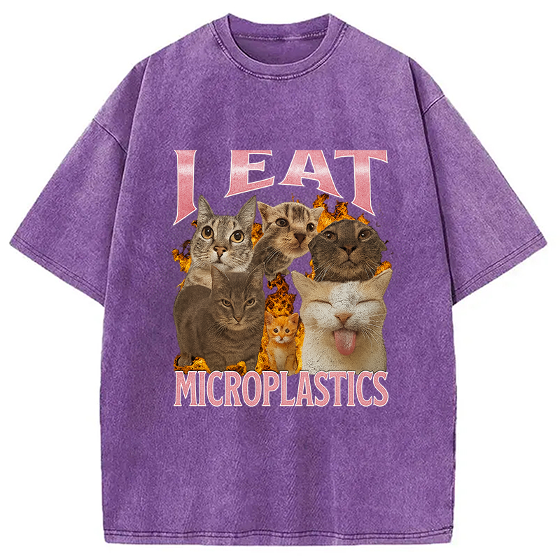 Modecanvas I Eat Microplastics Funny Cat Meme Washed T-Shirt-modecanvas