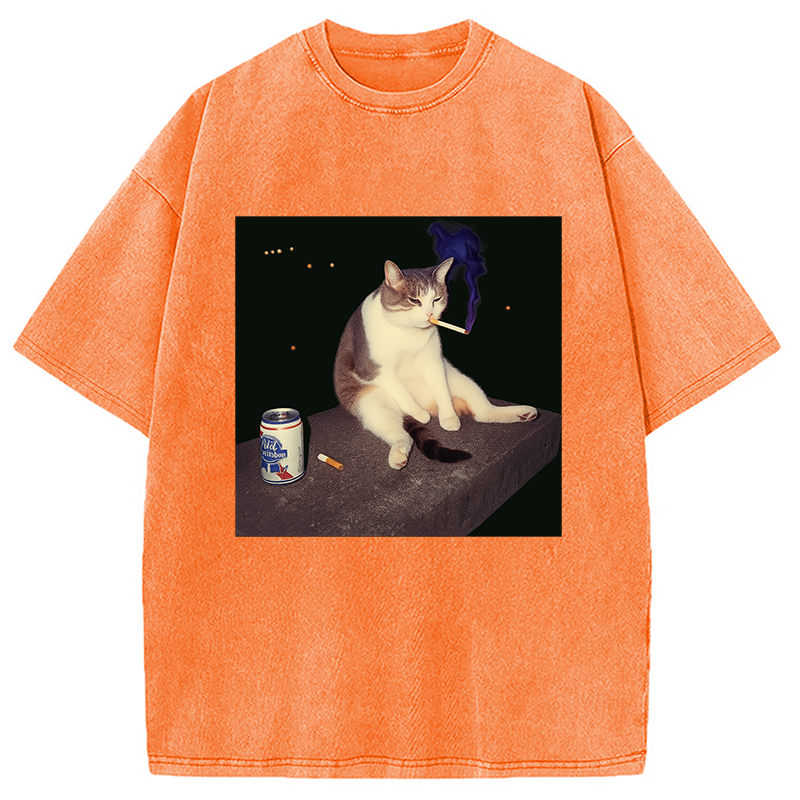 Modecanvas Cigarette Kitten Funny Smoking Cat Meme Washed T-Shirt-modecanvas