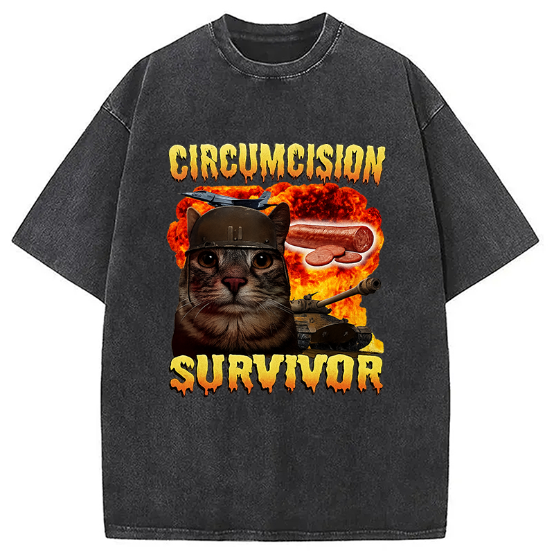 Modecanvas Circumcision Survivor Funny Cat Meme Washed T-Shirt-modecanvas