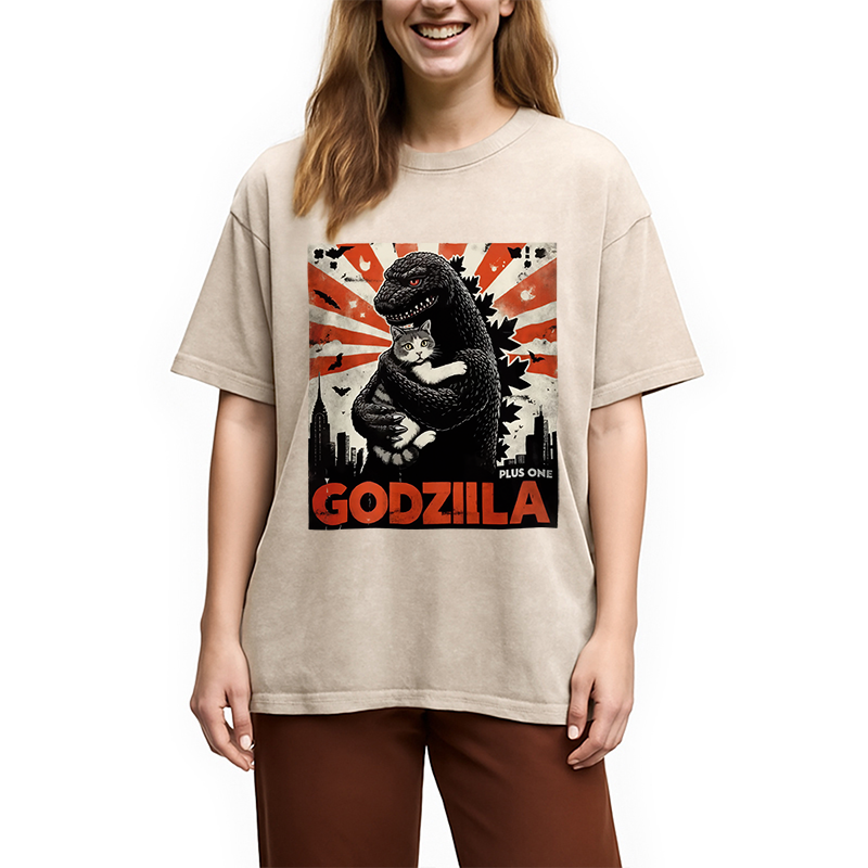 Modecanvas Catzilla Funny Monster And Cat Vintage Washed T-Shirt