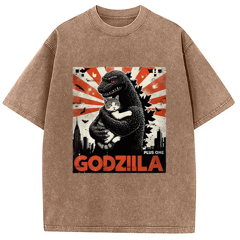 Modecanvas Catzilla Funny Monster And Cat Vintage Washed T-Shirt