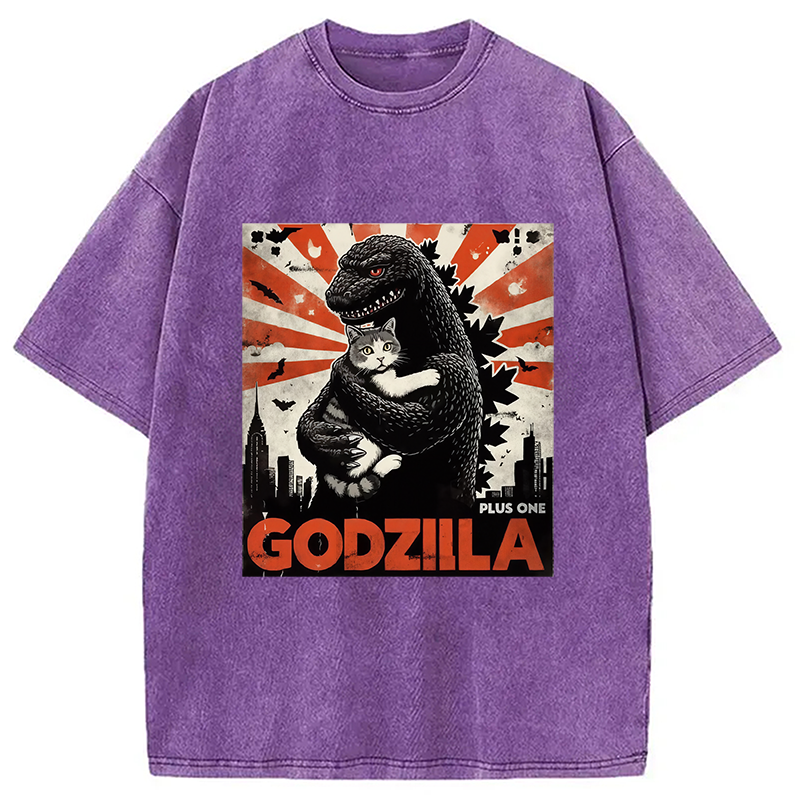 Modecanvas Catzilla Funny Monster And Cat Vintage Washed T-Shirt