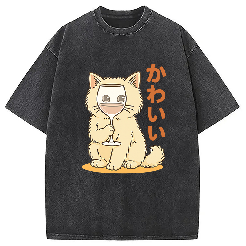 Modecanvas Kawaii Cat with Wine Glass Face Washed T-Shirt