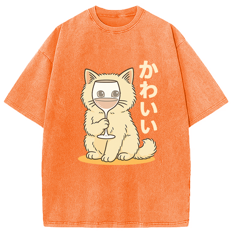 Modecanvas Kawaii Cat with Wine Glass Face Washed T-Shirt