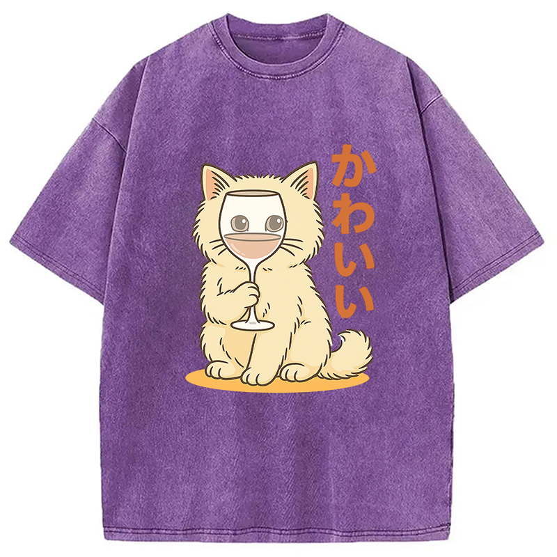 Modecanvas Kawaii Cat with Wine Glass Face Washed T-Shirt