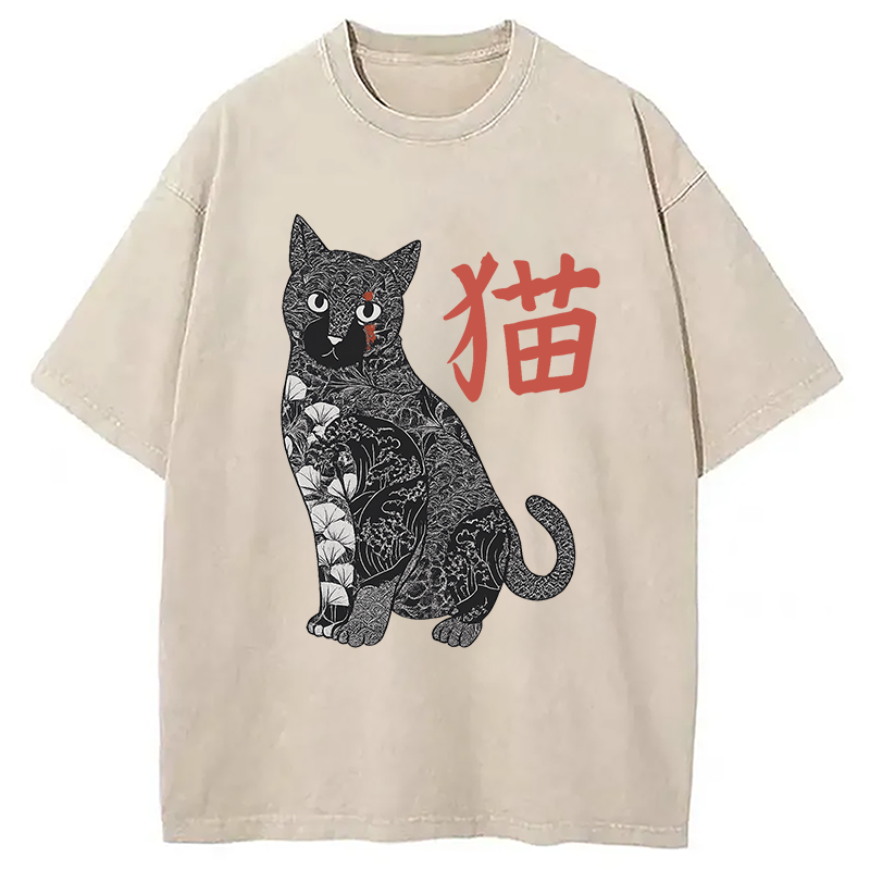 Modecanvas Tattooed Cat Japanese Vintage Washed T-Shirt