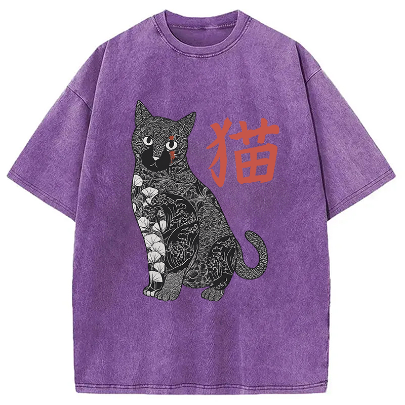 Modecanvas Tattooed Cat Japanese Vintage Washed T-Shirt