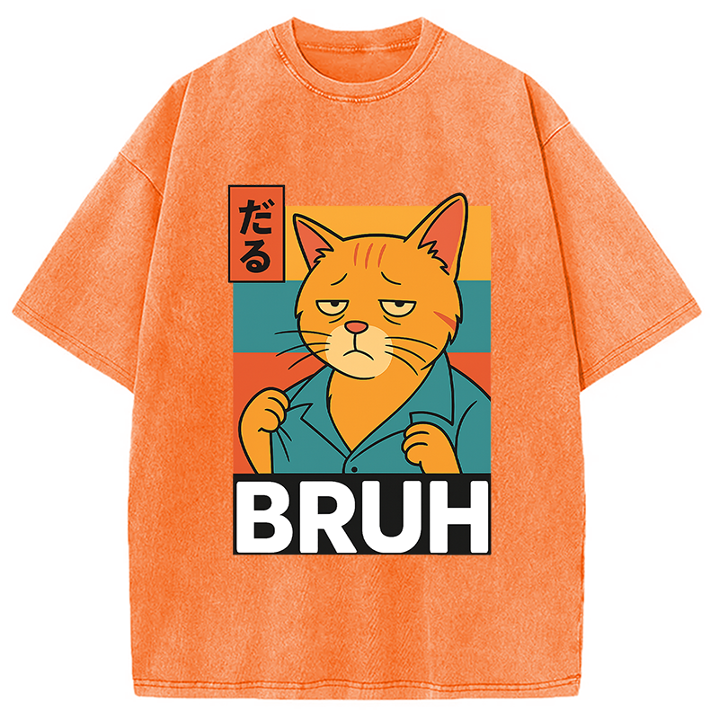 Modecanvas Funny Cat Bruh Meme Washed T-Shirt