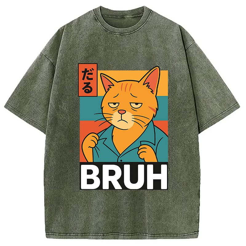 Modecanvas Funny Cat Bruh Meme Washed T-Shirt