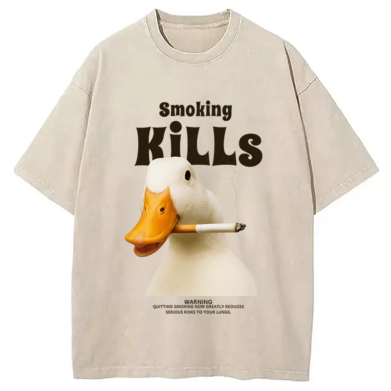 Modecanvas Goose Smoking Funny Meme  Washed T-Shirt-modecanvas