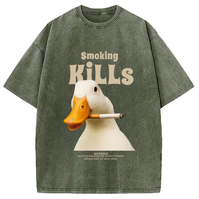 Modecanvas Goose Smoking Funny Meme  Washed T-Shirt-modecanvas