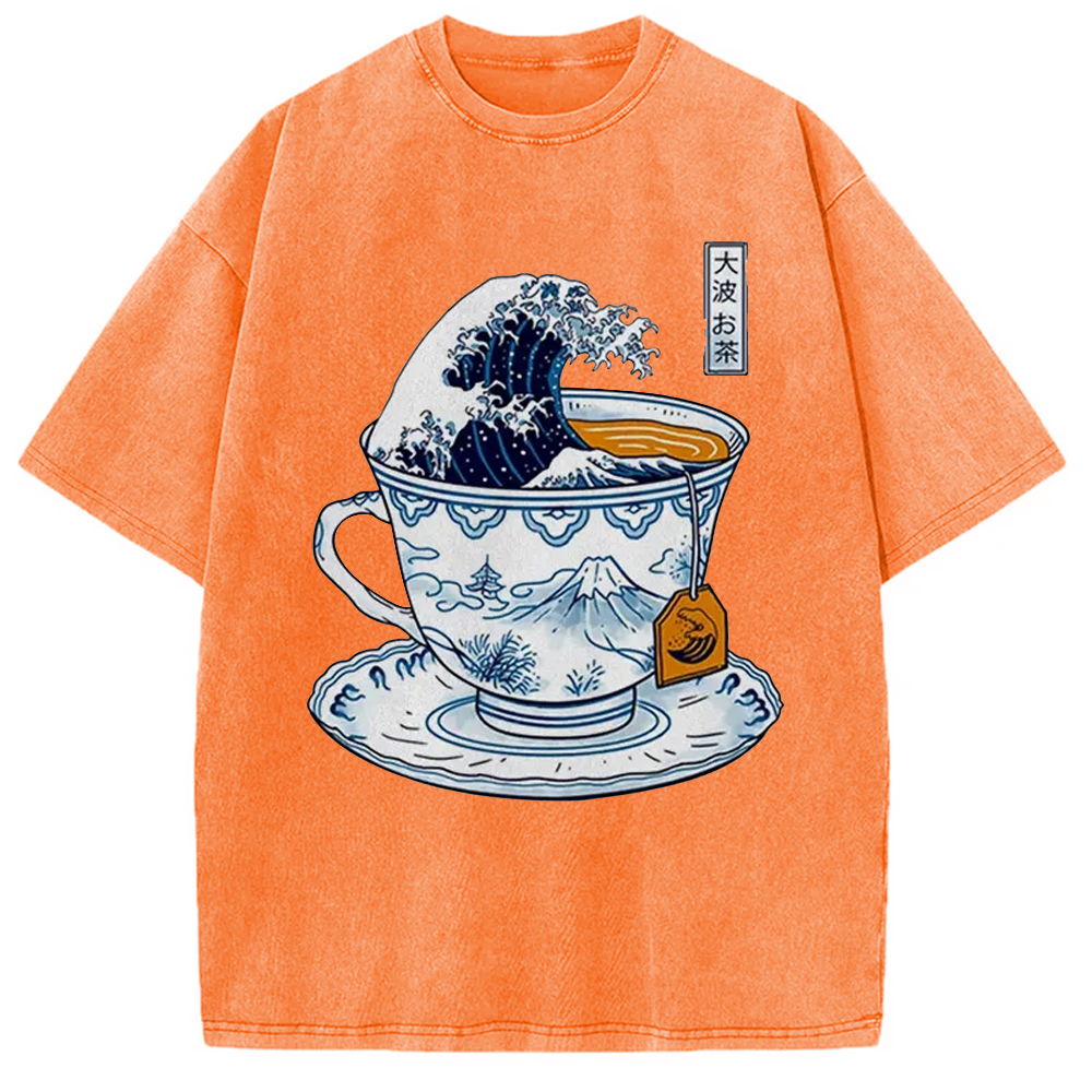 Modecanvas The Great Kanagawa Tea Japan Culture Creative Washed T-Shirt