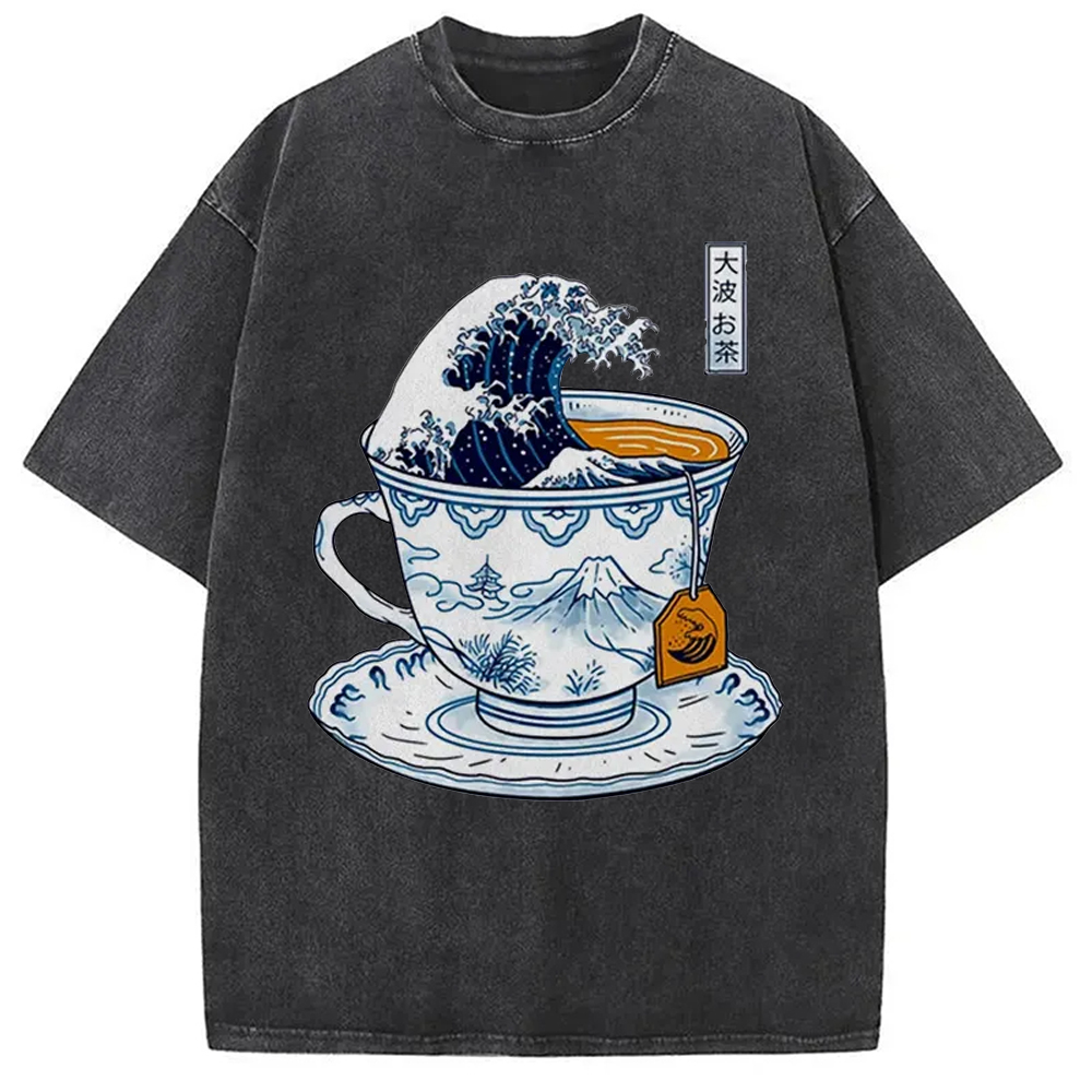 Modecanvas The Great Kanagawa Tea Japan Culture Creative Washed T-Shirt
