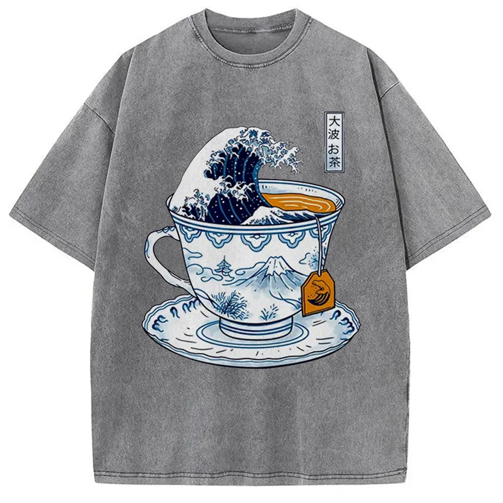Modecanvas The Great Kanagawa Tea Japan Culture Creative Washed T-Shirt