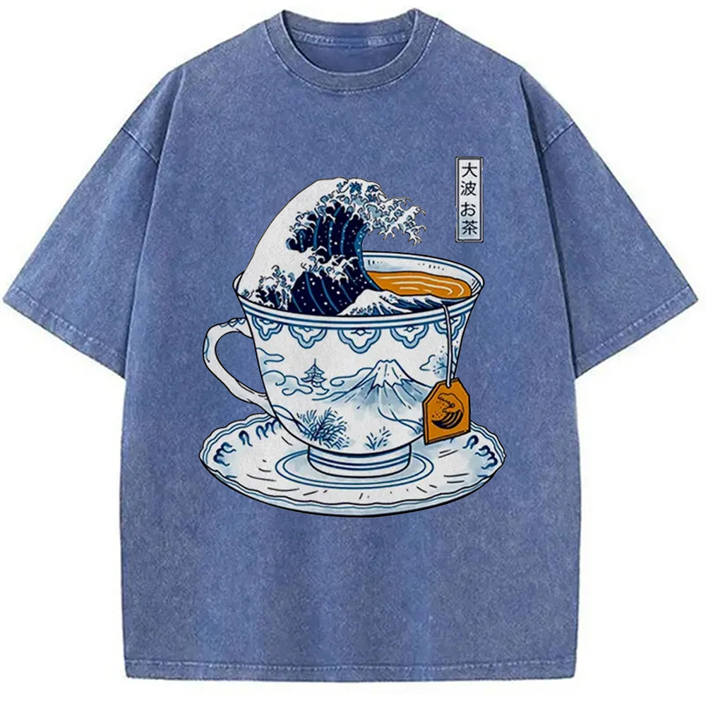 Modecanvas The Great Kanagawa Tea Japan Culture Creative Washed T-Shirt