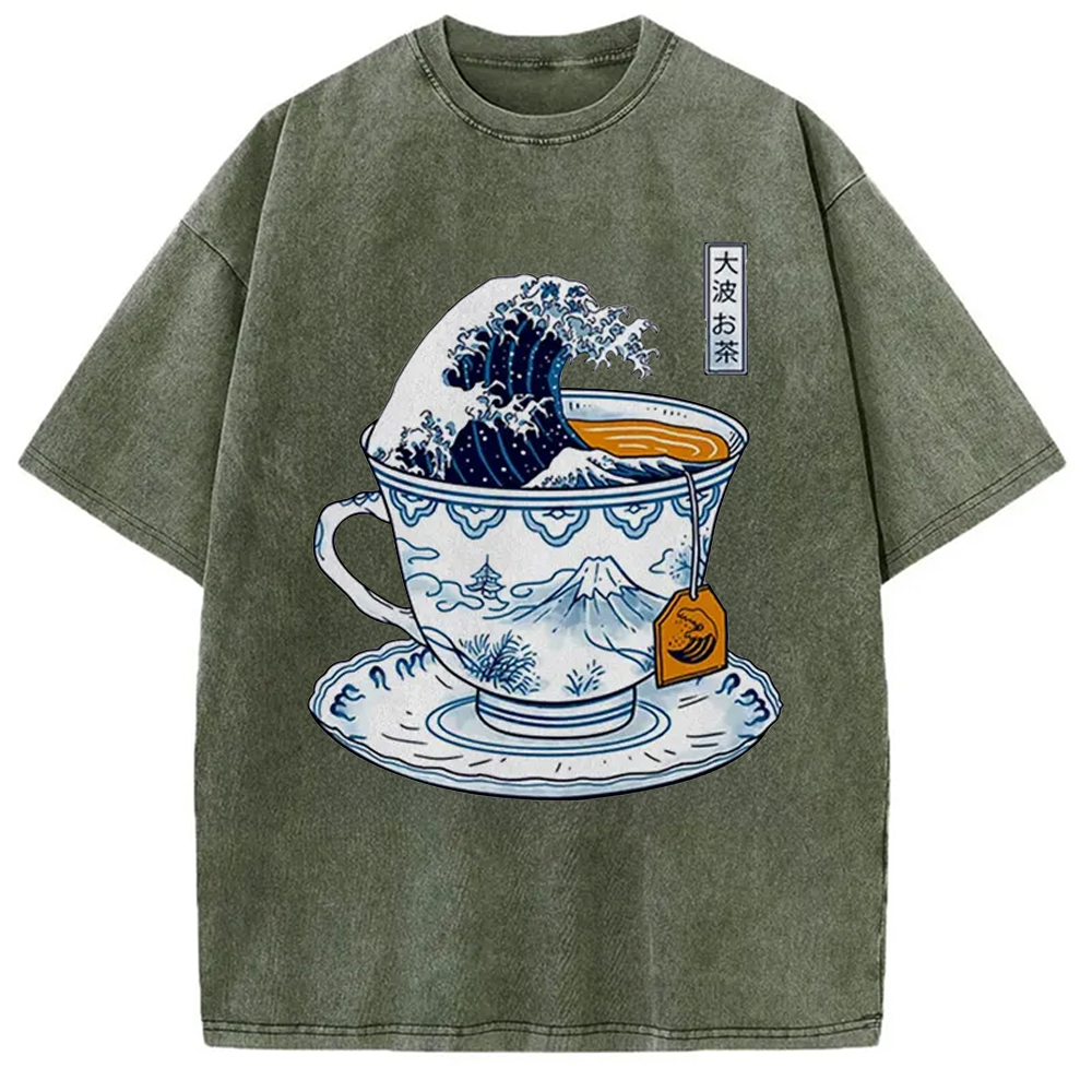 Modecanvas The Great Kanagawa Tea Japan Culture Creative Washed T-Shirt